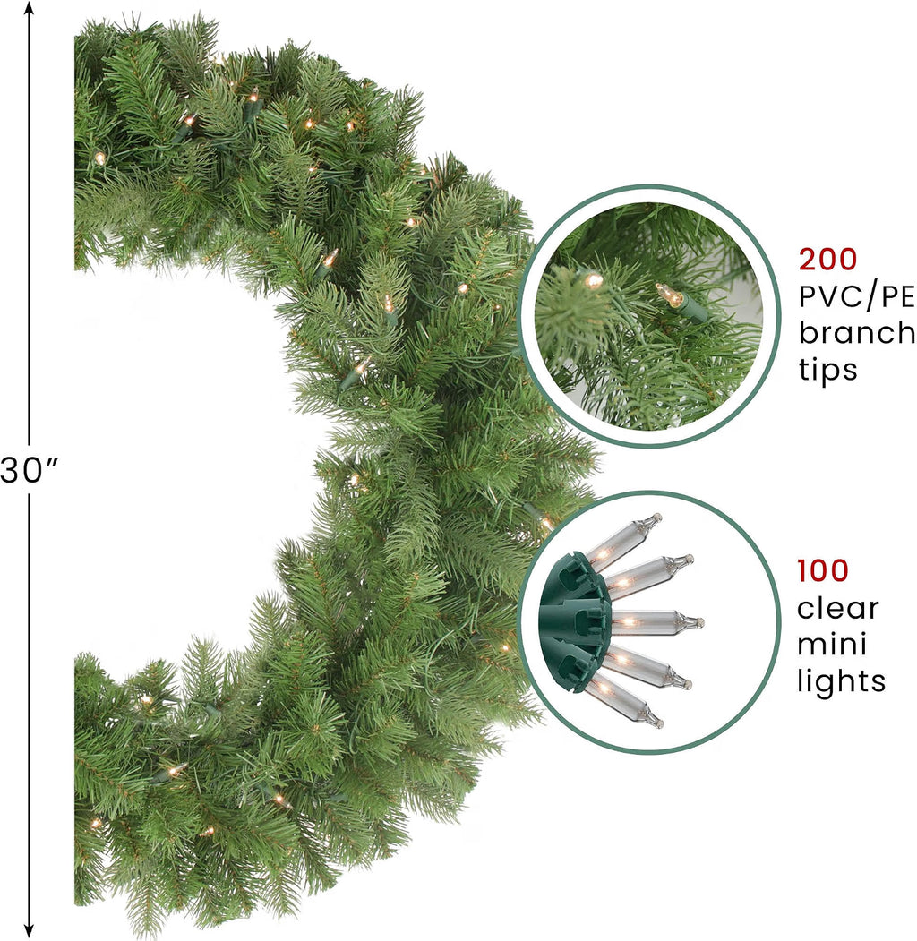 Pre-Lit Noble Fir Christmas Wreath, 30 Inch, Clear Lights