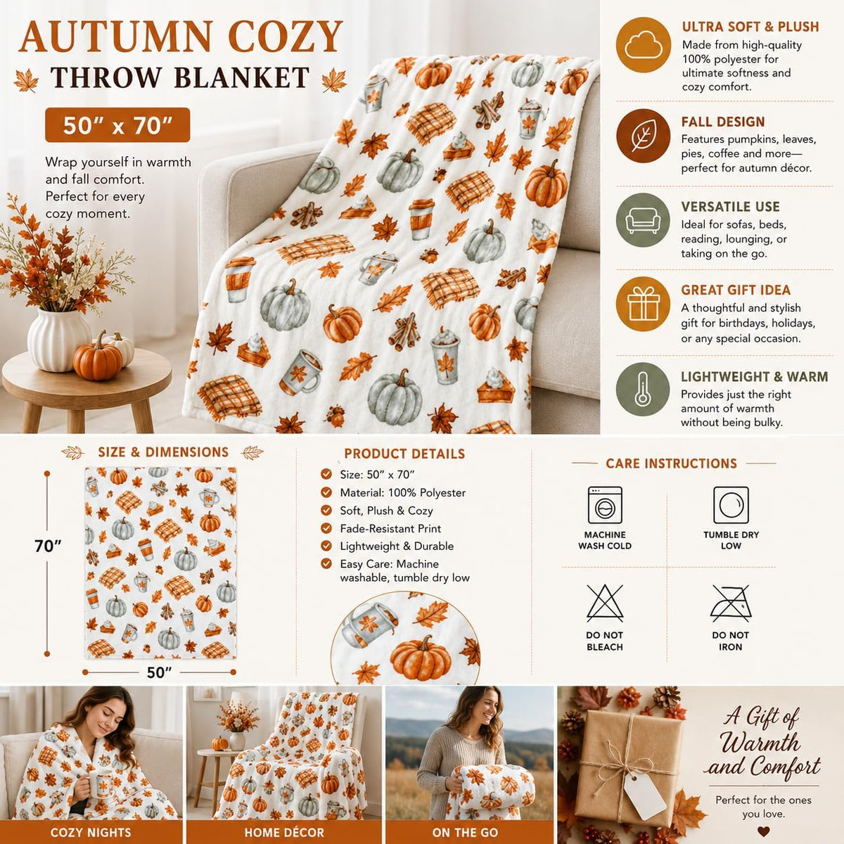 Fall Soft Fleece Throw Blanket, Pumpkin Spice Design, 50X70, Oversized