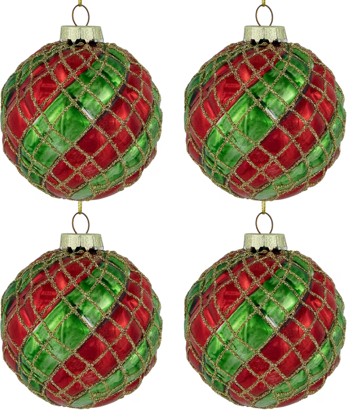Glitter Lattice Striped Christmas Glass Ball Ornaments - 3" (80Mm) - Red and Green - 4Ct