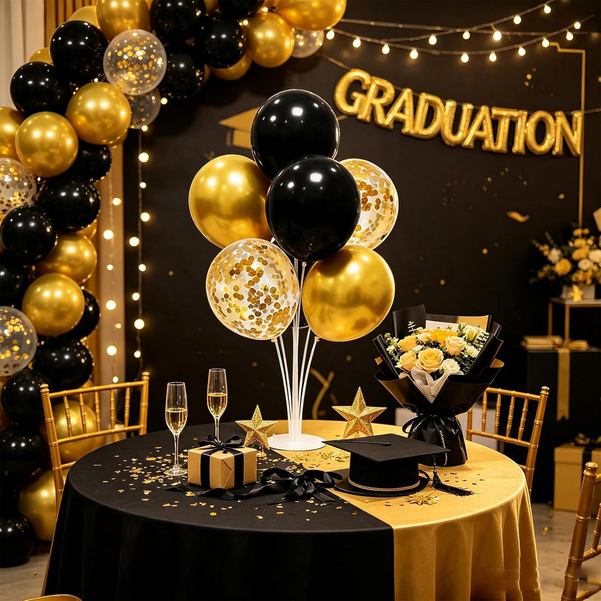 4 Set Black and Gold Balloon Stand Table Centerpieces Party Decor