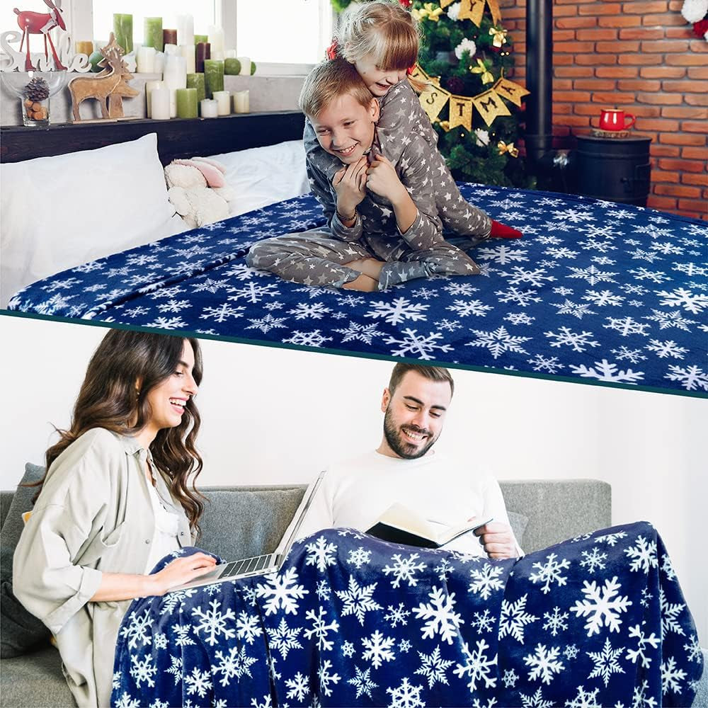 Christmas Snowflake Blanket, Navy Blue Winter Fleece Throw, 50X60