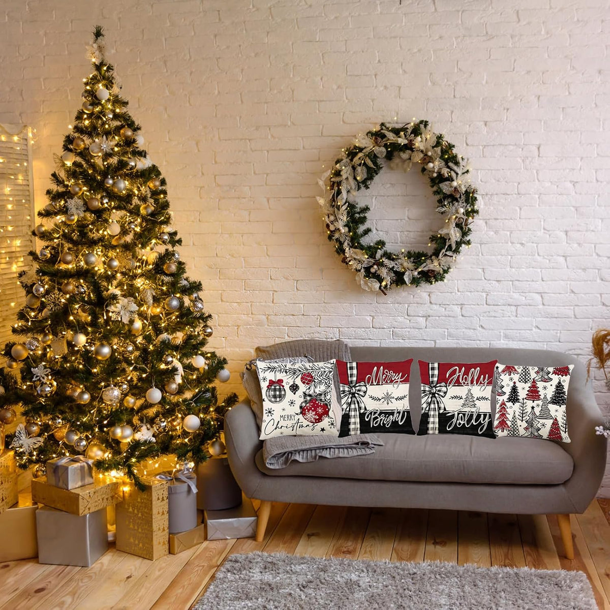 Christmas Decorations - Merry Christmas Trees Red Throw Pillow Covers 18X18 Set of 4,Winter Holiday Decor Throw Cushion Case for Home Couch