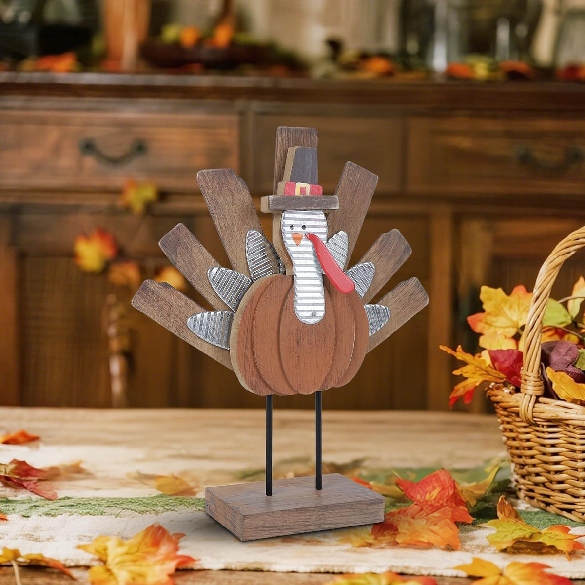 Thanksgiving Turkey Decoration, Wooden Indoor Standing Tabletop Turkey Decor for Home Office Bedroom Kitchen Thanksgiving Harvest Day Decorations