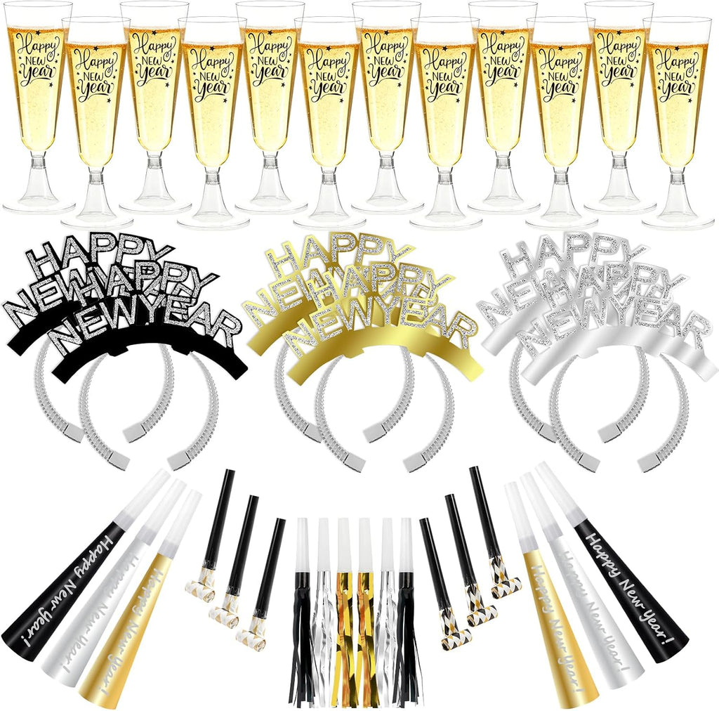 New Year's Eve Toast Set: Champagne Flutes, Headbands & Noise Makers