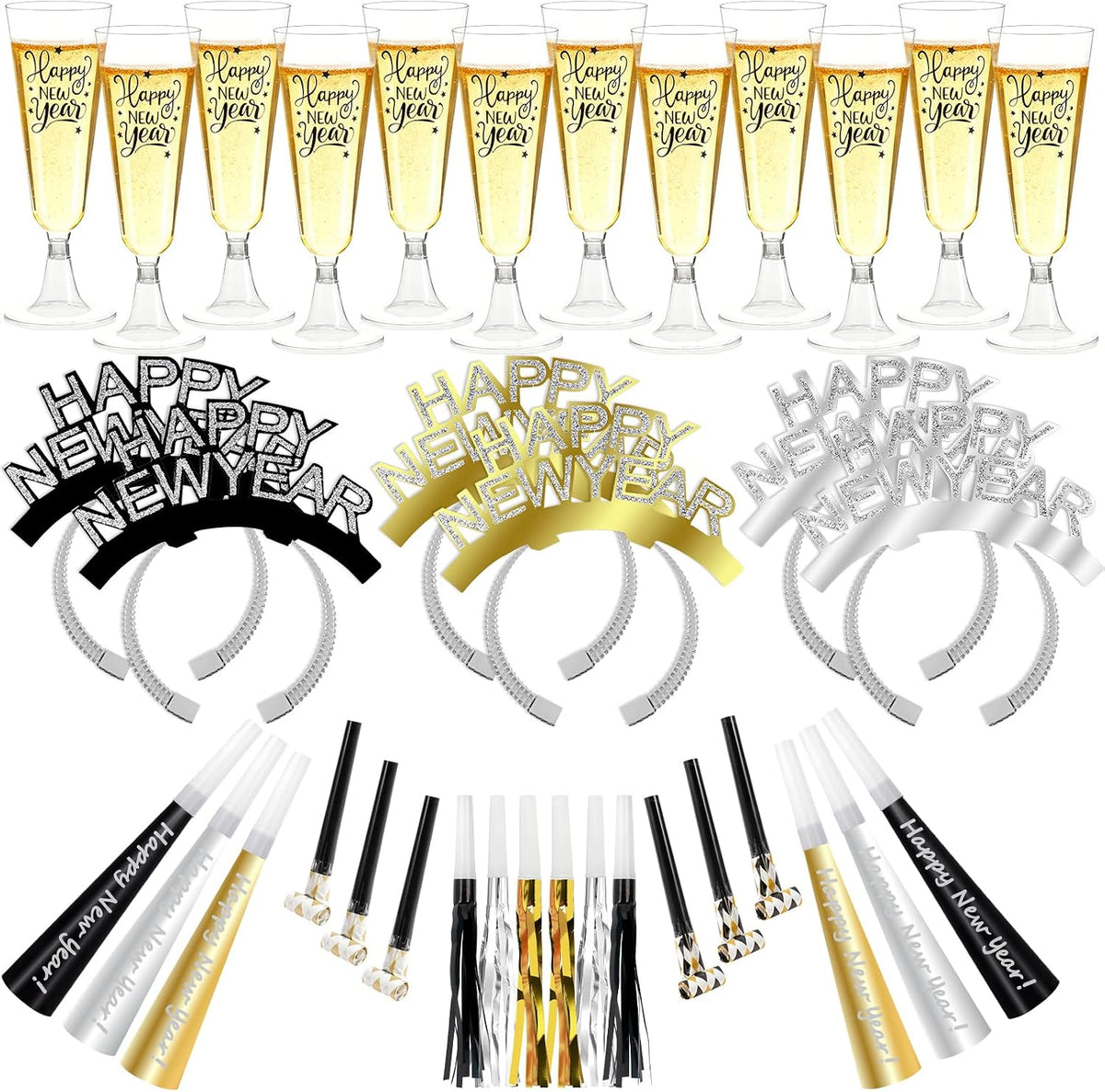 New Year's Eve Toast Set: Champagne Flutes, Headbands & Noise Makers