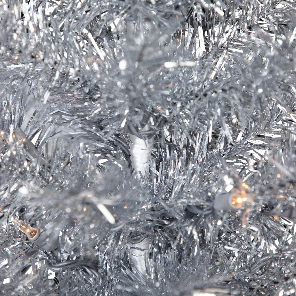 Pre-Lit Artificial Tinsel Christmas Tree - 3' - Silver - Clear Lights