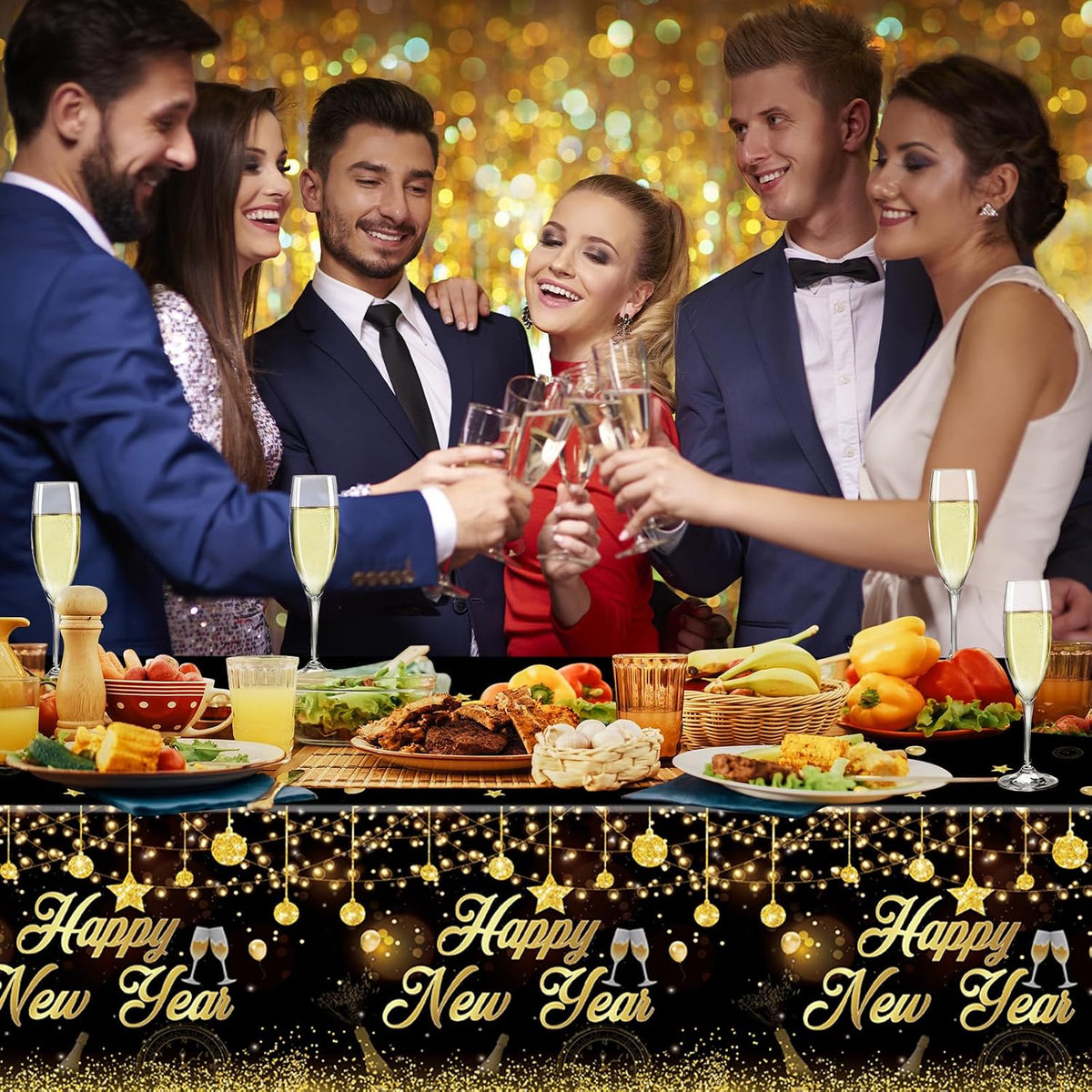 3 Pack New Years Tablecloths - Happy New Year Plastic Tablecloth Set, Black and Gold Disposable New Year'S Table Cloth Cover Rectangle for 2026 New Years Eve Party Supplies Decorations, 108X54 Inch