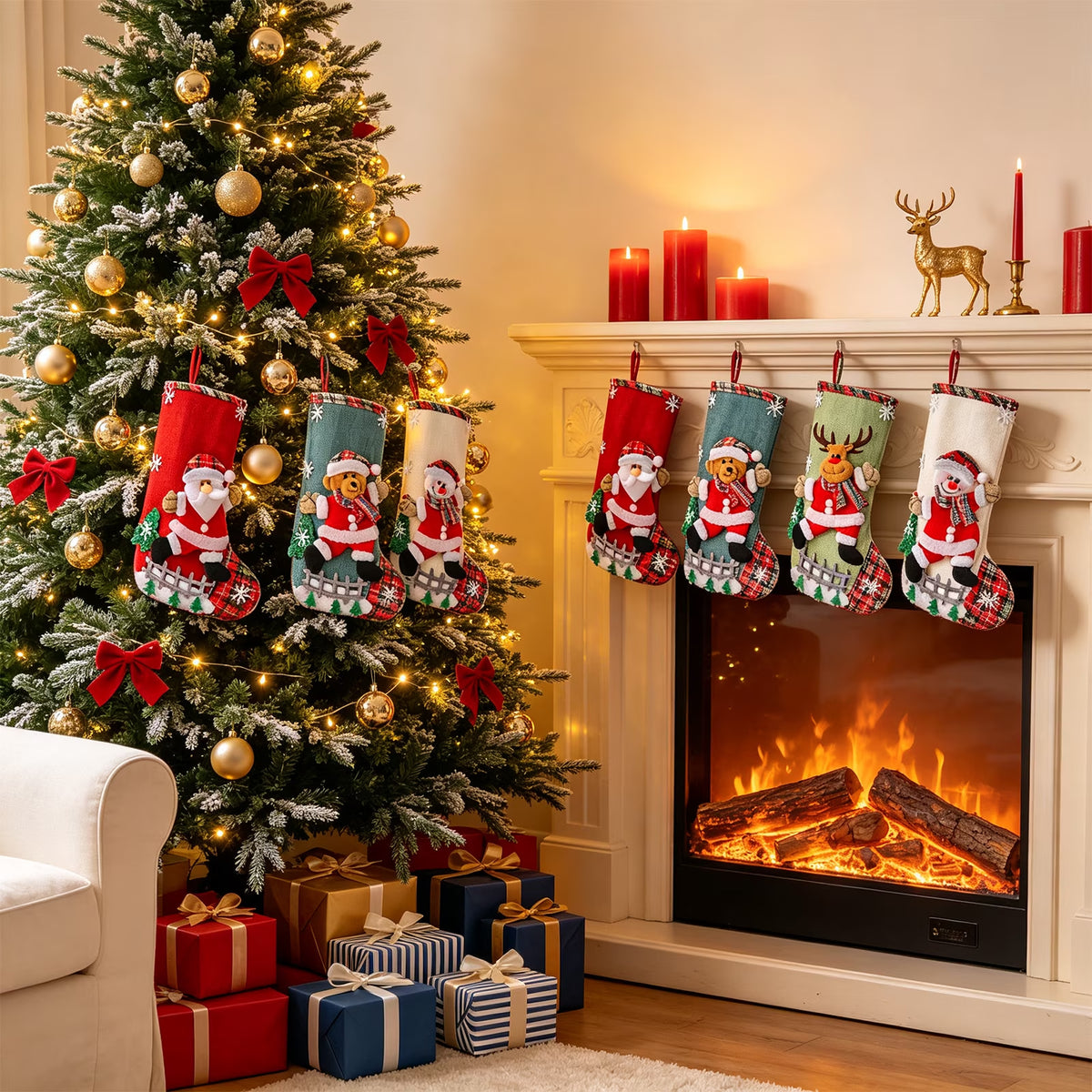Christmas Stockings, 4 Pack 12 Inches Hanging Stockings with Santa, Snowman, Bear & Reindeer, Christmas Decorations for Family Holiday Party Decorations