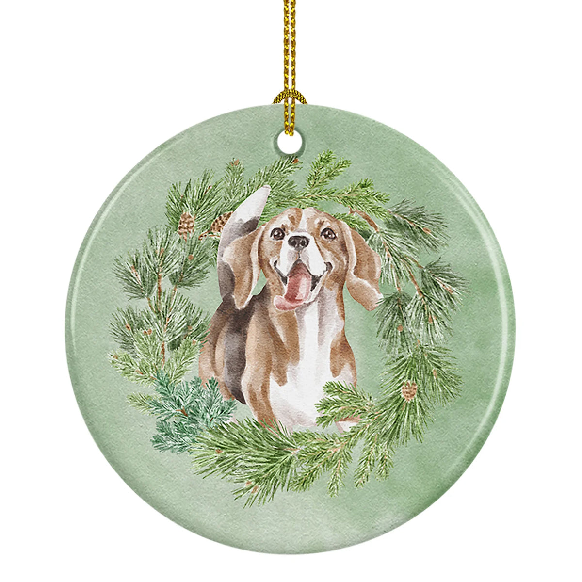 Beagle Smiling Christmas Wreath Ceramic Ornament