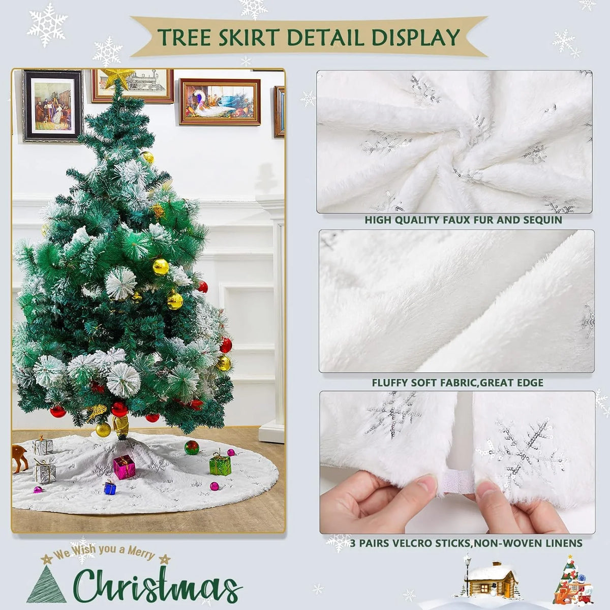 Christmas Tree Skirt, 48 Inches Faux Fur White Christmas Tree Skirt for Christmas Tree Decorations Xmas Tree Skirt (Snowflake)