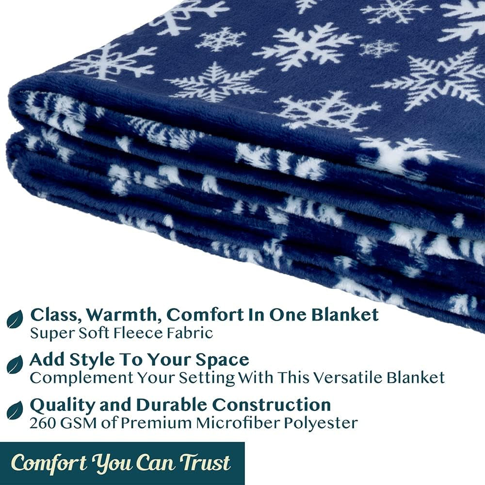 Christmas Snowflake Blanket, Navy Blue Winter Fleece Throw, 50X60