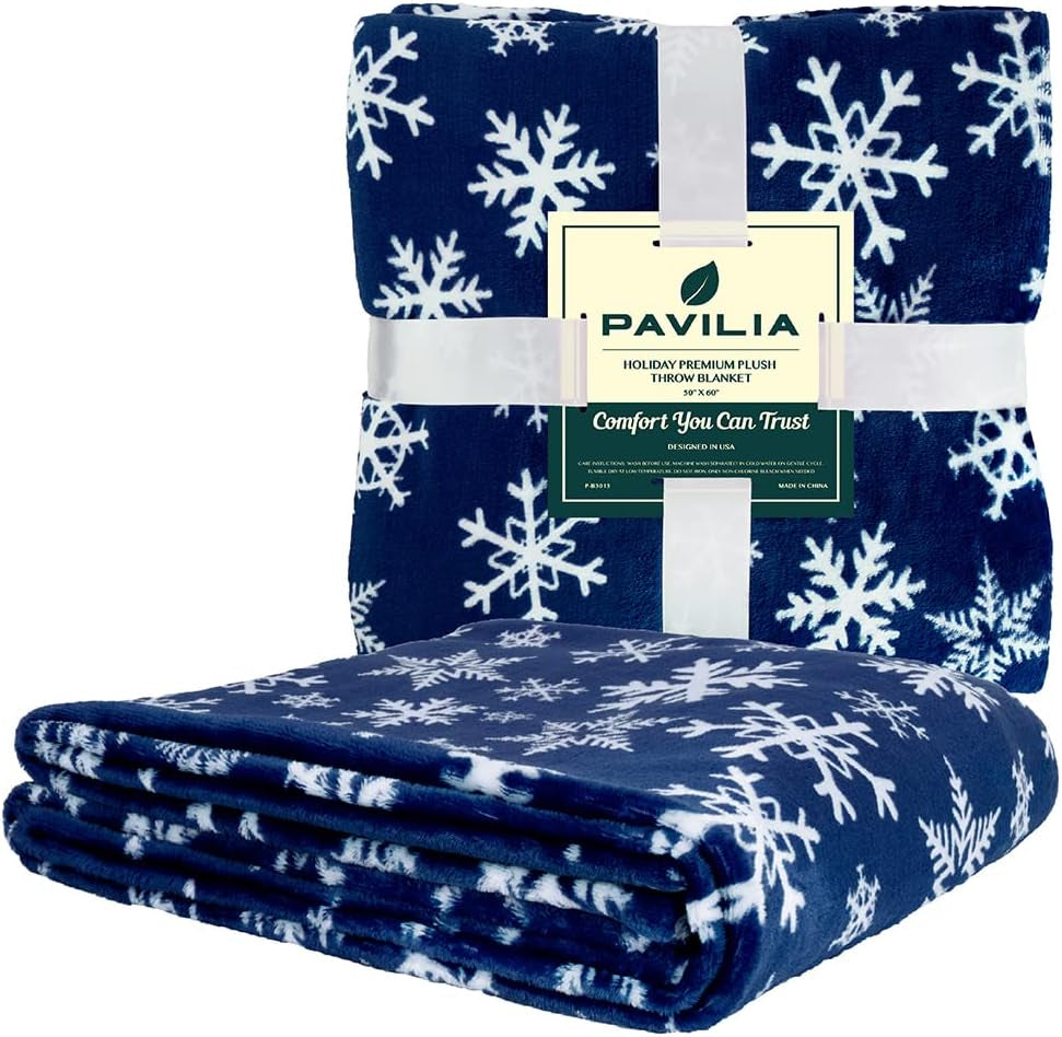 Christmas Snowflake Blanket, Navy Blue Winter Fleece Throw, 50X60