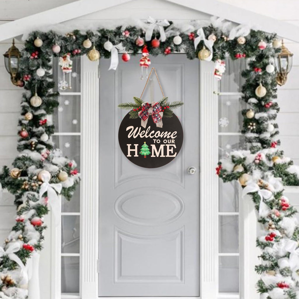 Interchangeable Welcome Sign for Front Door Decoration with 4 Seasonal Wreaths and 14 Holiday Icons, Black Welcome Door Hanger, Rustic Wooden Front Porch Sign Home Décor（Black）