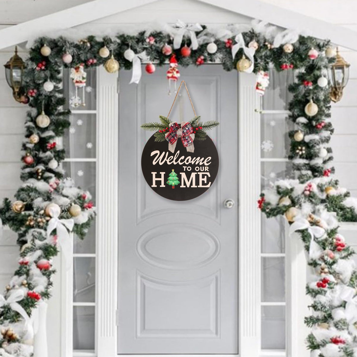 Interchangeable Welcome Sign for Front Door Decoration with 4 Seasonal Wreaths and 14 Holiday Icons, Black Welcome Door Hanger, Rustic Wooden Front Porch Sign Home Décor（Black）