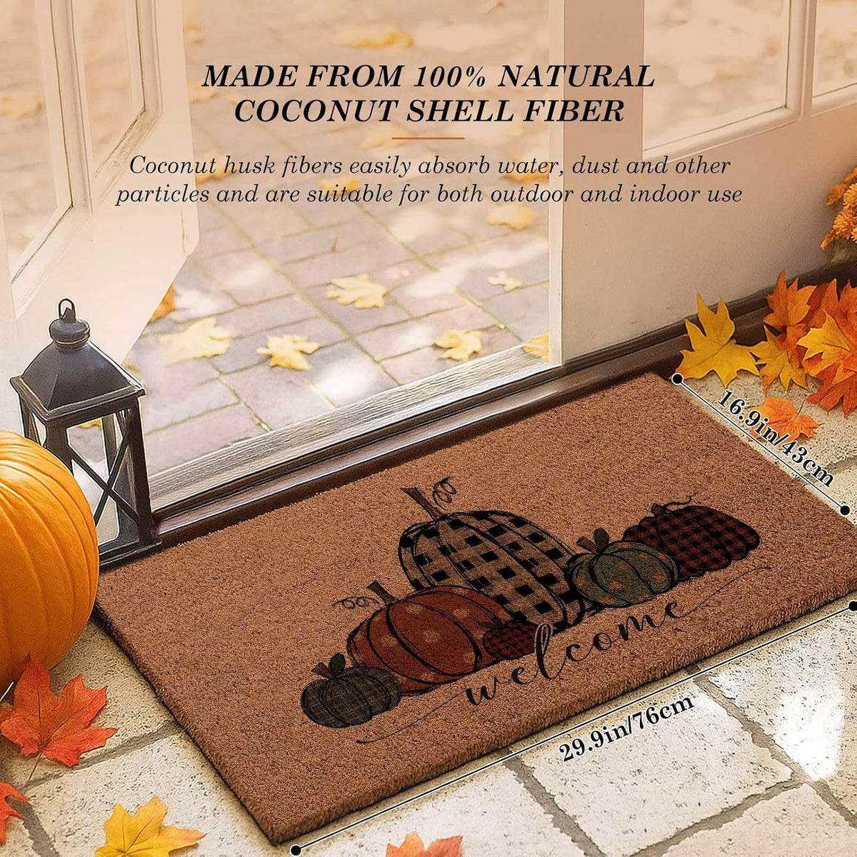 Fall Welcome Natural Coir Door Mat, Fall Pumpkin Coco Front Door Outdoor Doormat outside Entrance Porch Non Slip Rubber Rug for Autumn Harvest Halloween Thanksgiving Farmhouse Decor (30X17 In)