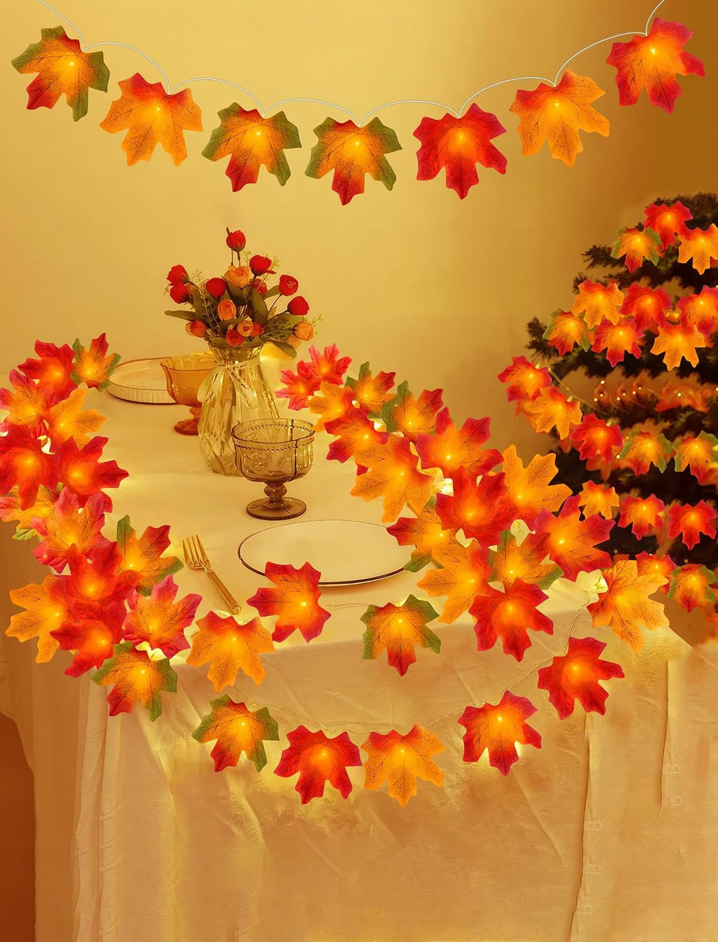 Fall Thanksgiving Decorations for Home 2Pack Total 20Ft 40LED Enlarged Maples Leaf String Lights Battery Operated Maple Leaves Garland with Lights for Indoor Outdoor Autumn Halloween Christmas Decor