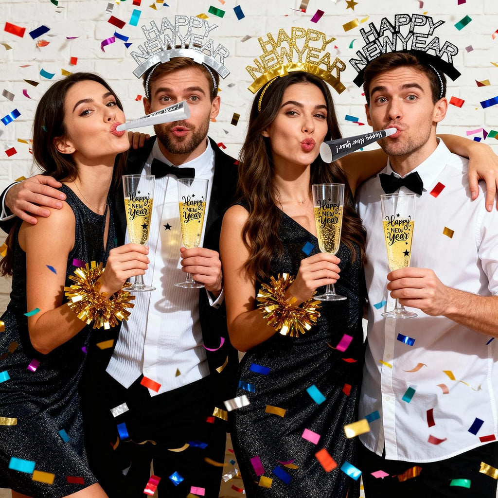 New Years Eve Party Supplies Decorations 2027, 5 Oz Disposable Champagne Flutes HAPPY NEW YEAR Headbands NYE Noise Makers, Plastic Champagne Glasses Clear Party Cups Horns New Years Eve Headband