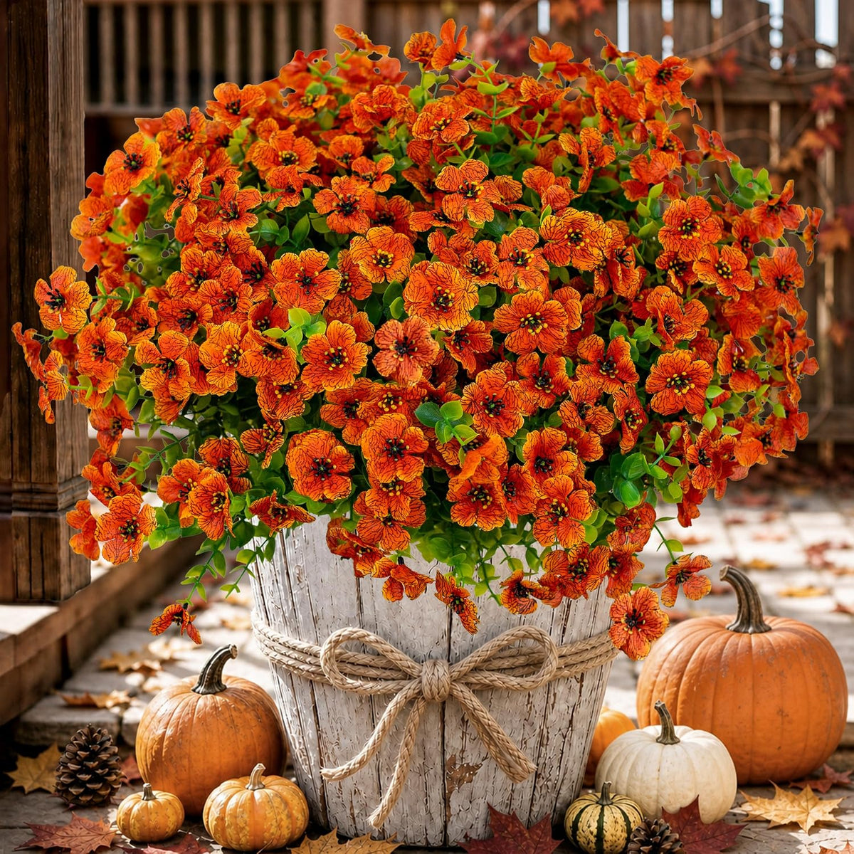 Artificial Mums for Outdoors Fake Fall Flowers Red Orange 16 Pack