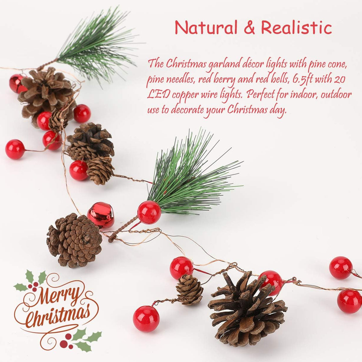 Christmas Garland with Lights, Red Berry Pine Cone 6.5FT 20 LED Garland Lights Battery Operated, Led Garland String Lights, Christmas Decorations Indoor for Home Fireplace Mantel Xmas Decor