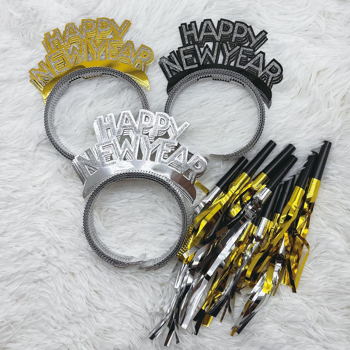 24 Pieces New Years Eve Party Supplies 2027,Happy New Year Headband Tiara,Metallic Fringed Noise Makers Gold Sliver for Kids and Adults