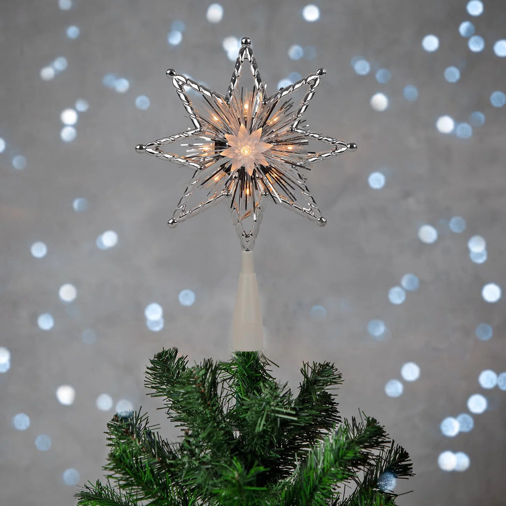 8" Lighted Silver Tinsel Star Christmas Tree Topper - Clear Lights, White Wire