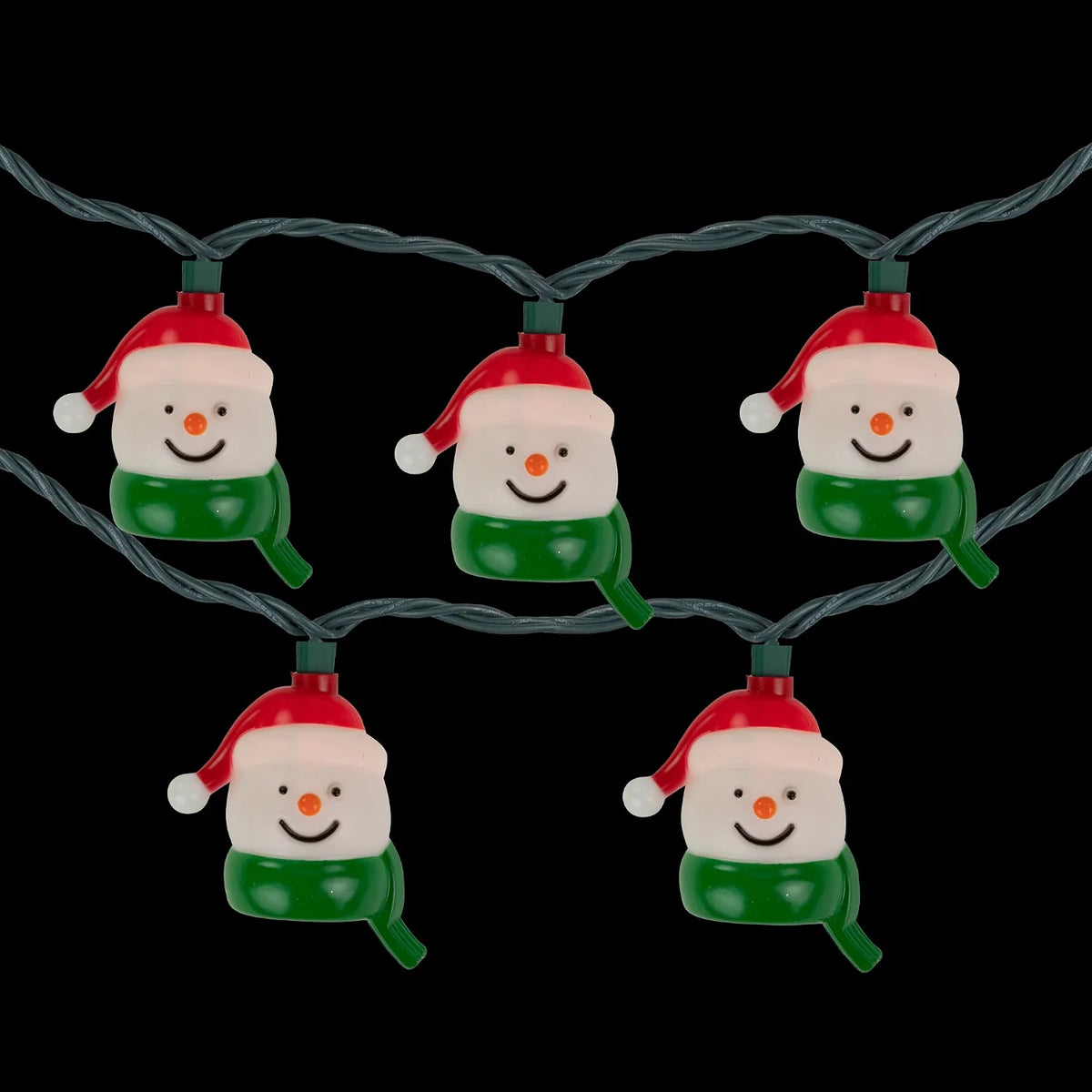 Snowman Heads with Scarves Christmas Light Set - Clear - 7.5' Green Wire - 10Ct
