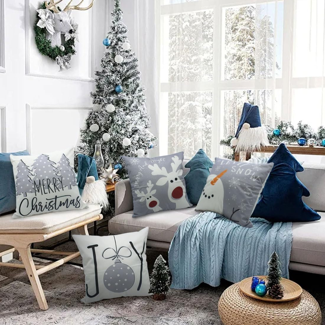 Christmas Pillow Covers 18X18 Set of 4 Christmas Decorations Snowman Deer Tree Winter Holiday Decor Throw Cushion Case for Home Couch
