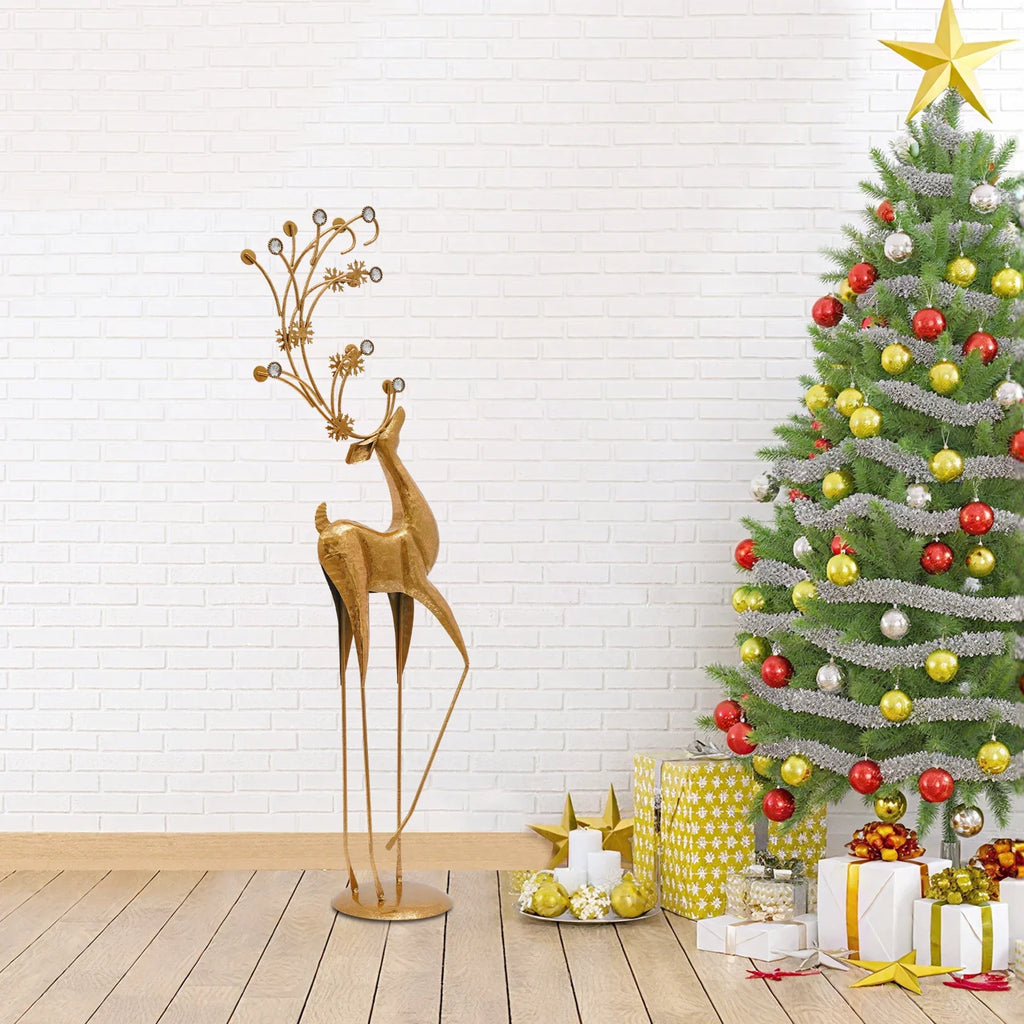 Retro Gold Deer Statue Metal Reindeer Figurines Modern Elegant Indoor Holiday Decor Statue for Homes Offices Cafés Star Hotels 27*13*85Cm/10.63*5.12*33.46In
