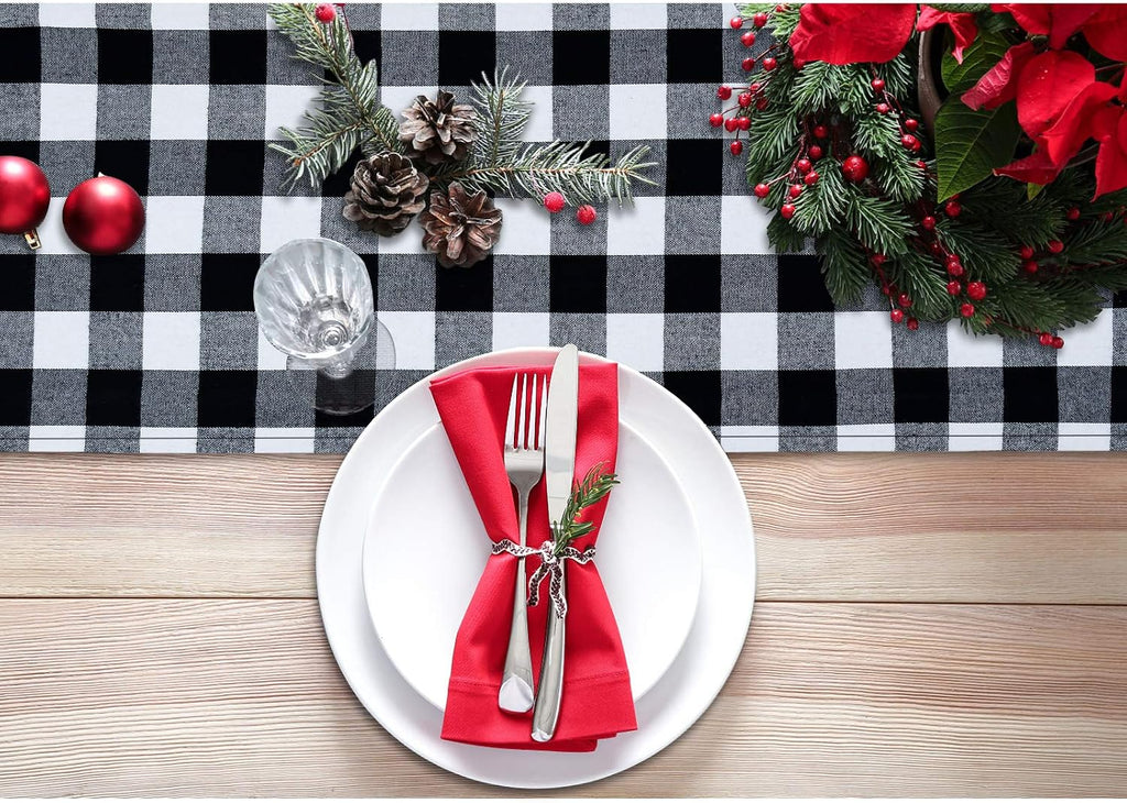 Buffalo Check Table Runner Cotton Black and White Plaid Classic Stylish Design for Family Dinner Christmas Holiday Birthday Party Table Home Decoration (White and Black, 14 X 72 Inch)