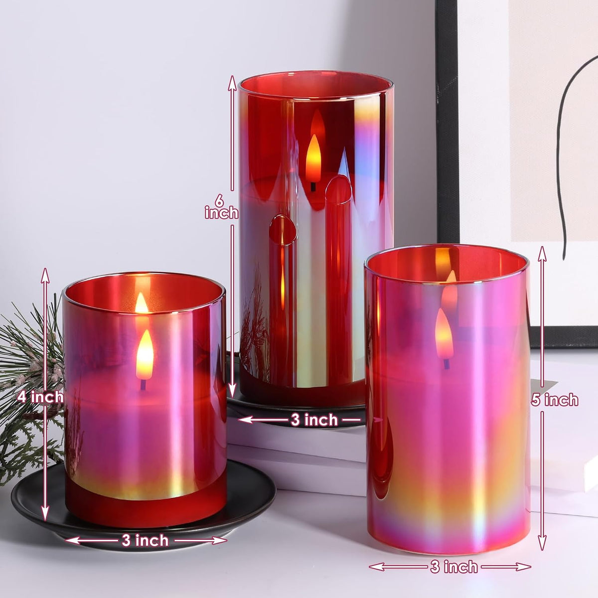 Red Christmas Glass Flameless Pillar Candles with Remote