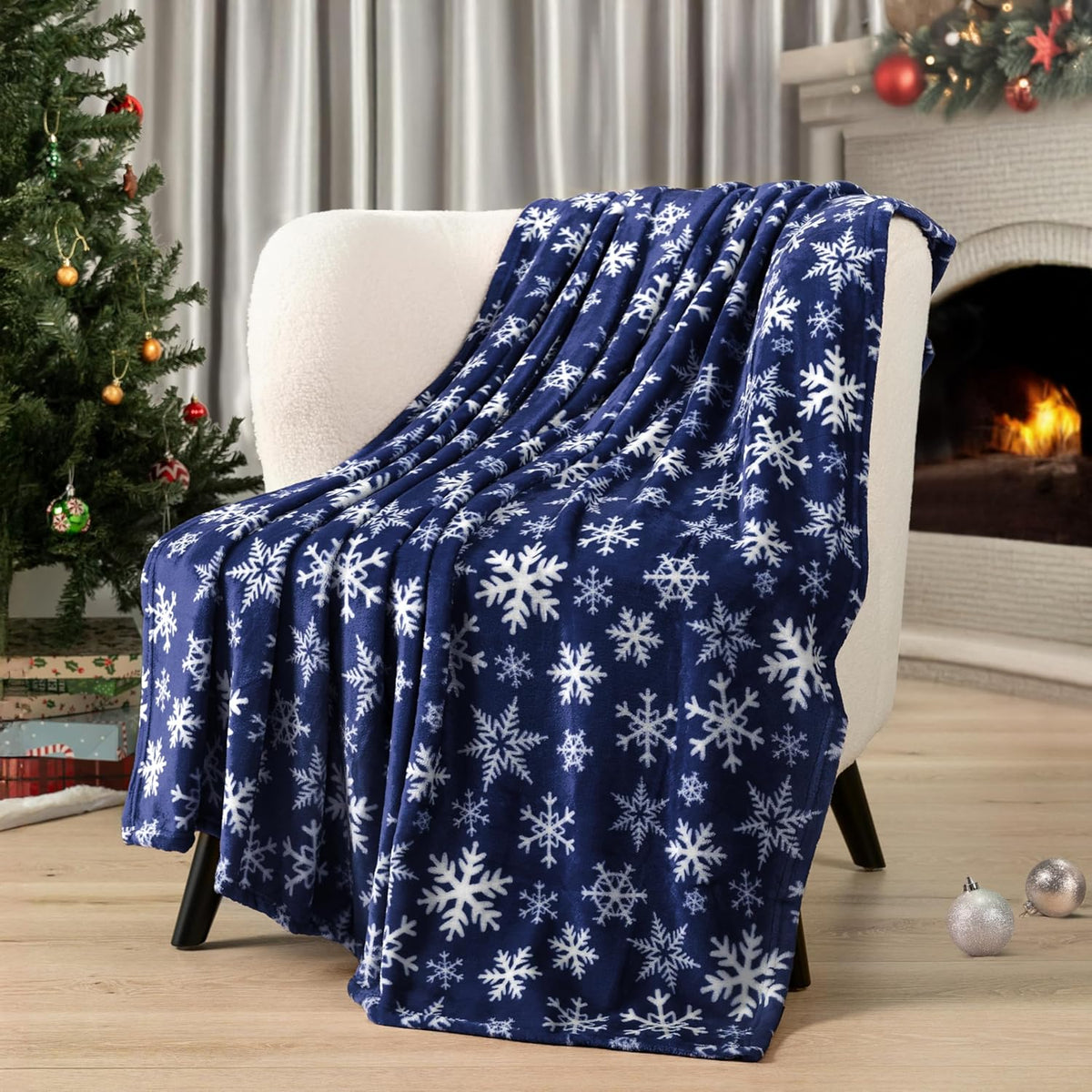 Christmas Snowflake Blanket, Navy Blue Winter Fleece Throw, 50X60