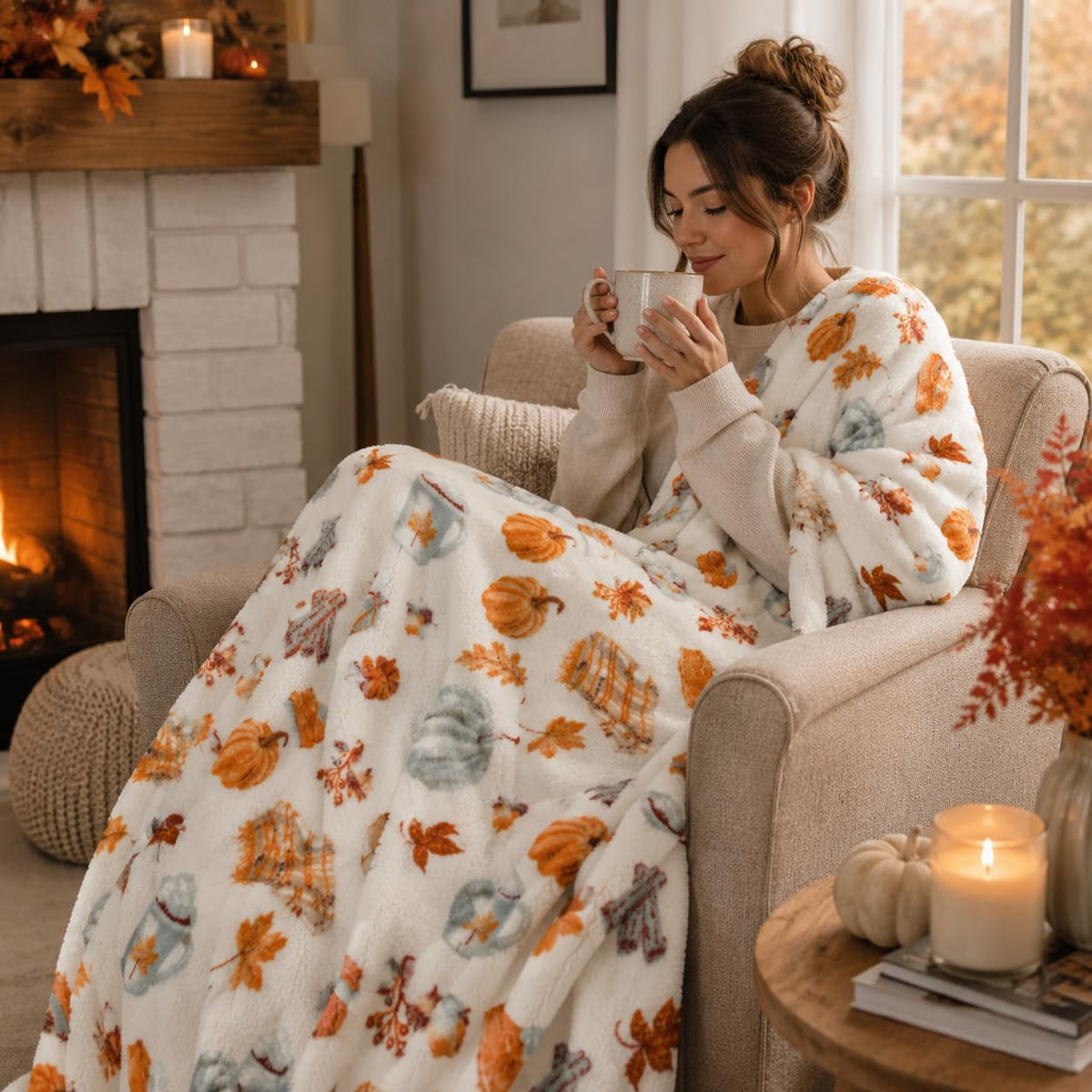 Fall Soft Fleece Throw Blanket, Pumpkin Spice Design, 50X70, Oversized