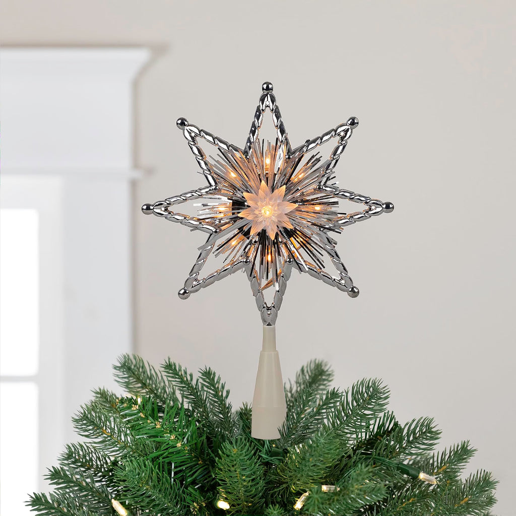 8" Lighted Silver Tinsel Star Christmas Tree Topper - Clear Lights, White Wire