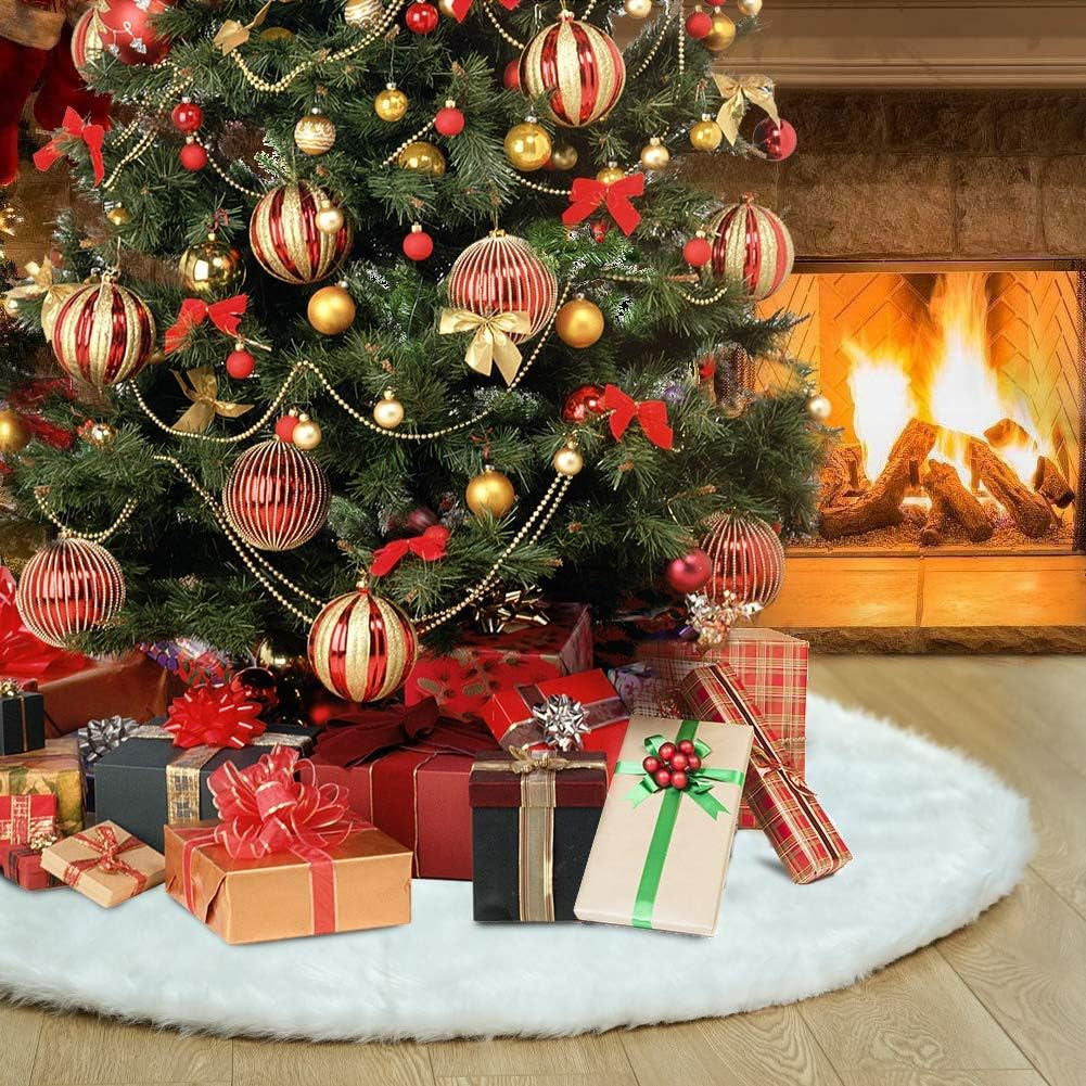 White Faux Fur Christmas Tree Skirt, 48 in
