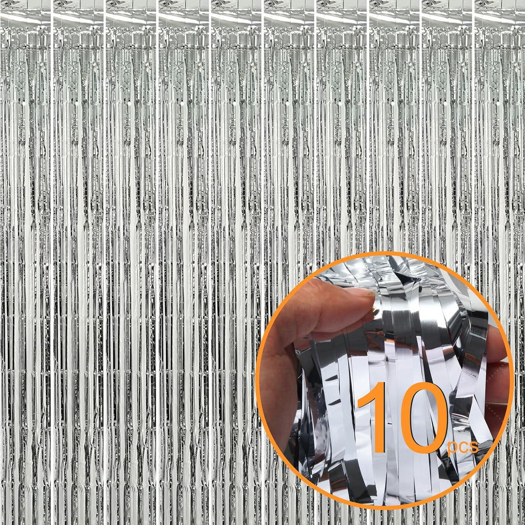 Silver Foil Fringe Curtain Backdrops, 10 Pack