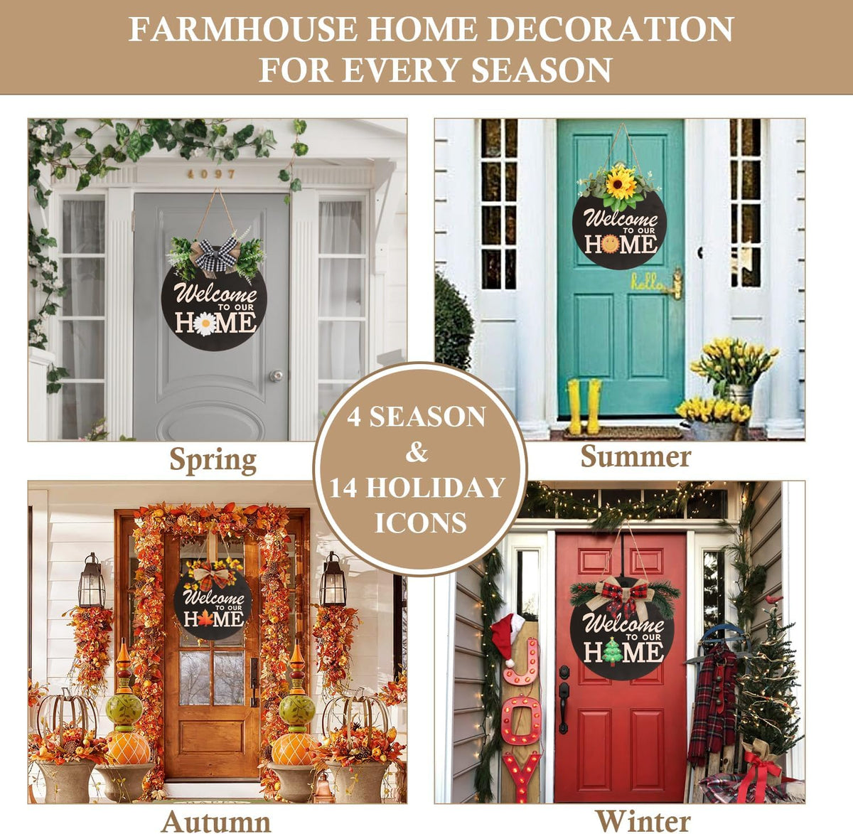 Interchangeable Welcome Sign for Front Door Decoration with 4 Seasonal Wreaths and 14 Holiday Icons, Black Welcome Door Hanger, Rustic Wooden Front Porch Sign Home Décor（Black）
