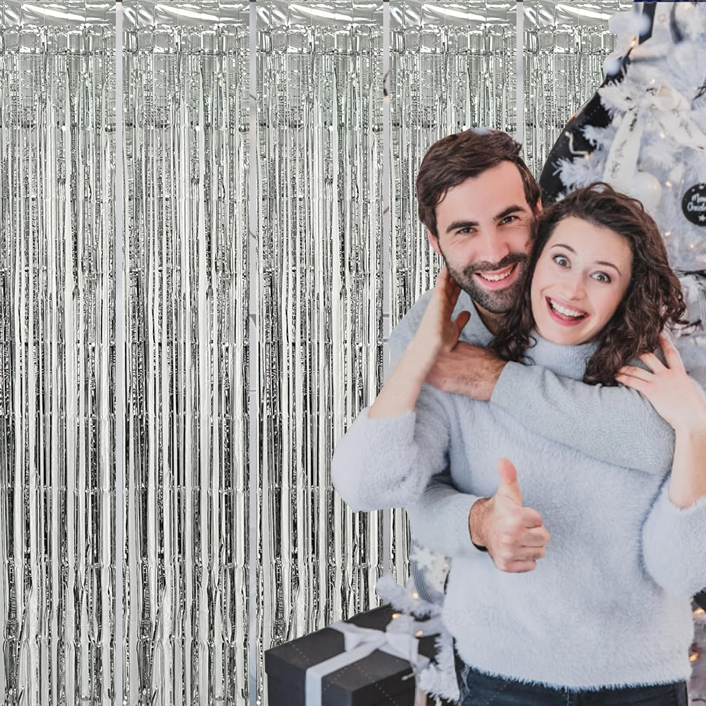 10 Pack Silver Foil Curtain Backdrop Metallic Tinsel Foil Fringe Curtains Photo Booth Props for Birthday Wedding Engagement Bachelorette Christmas Holiday Celebration Party Decorations Supplies