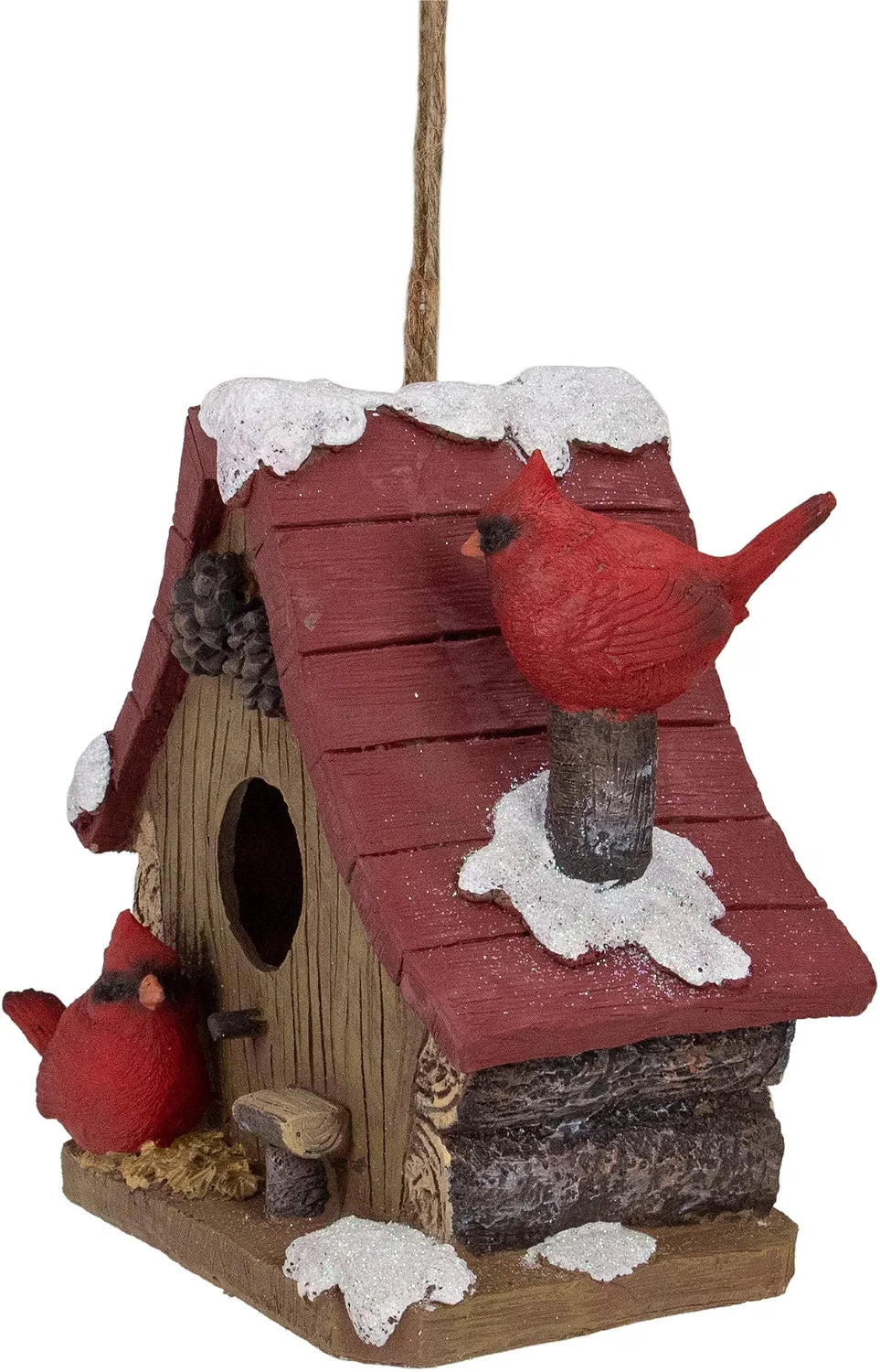 7" Brown and Red Birdhouse with Cardinals Hanging Christmas Decoration