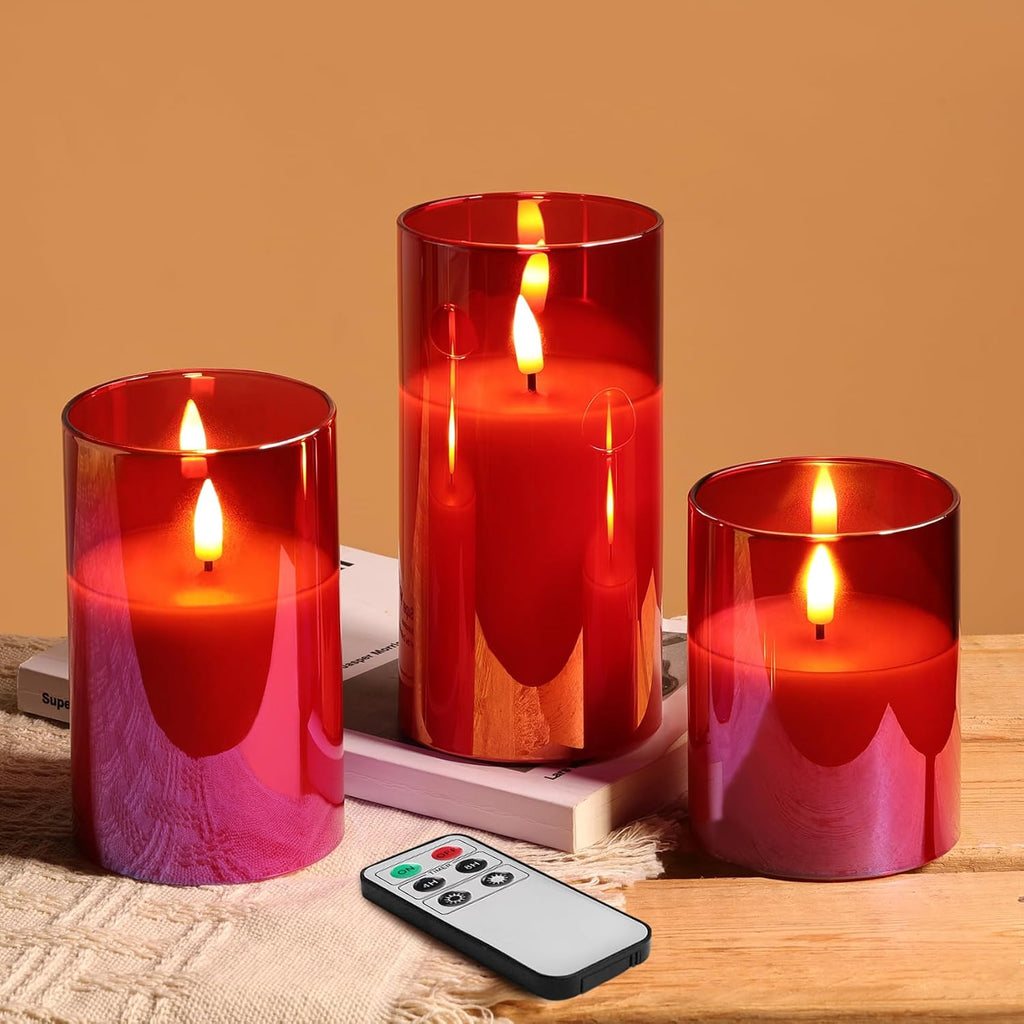 Red Glass Flameless Pillar Candles with Remote (Set of 3)