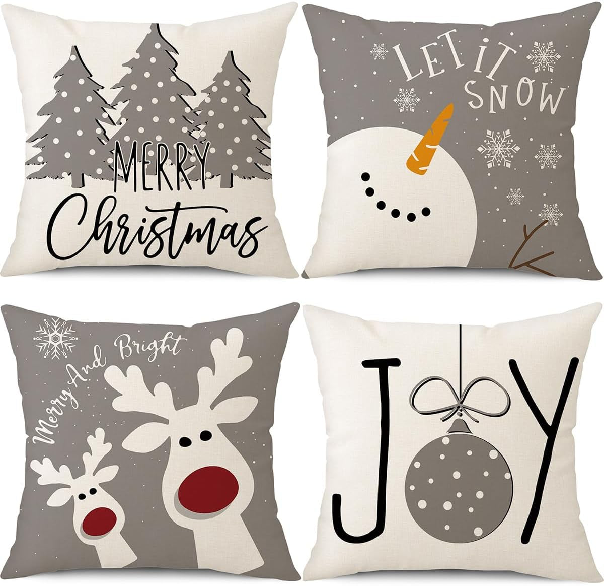 Christmas Pillow Covers, Snowman, Deer and Tree, 18 x 18 in (Set of 4)
