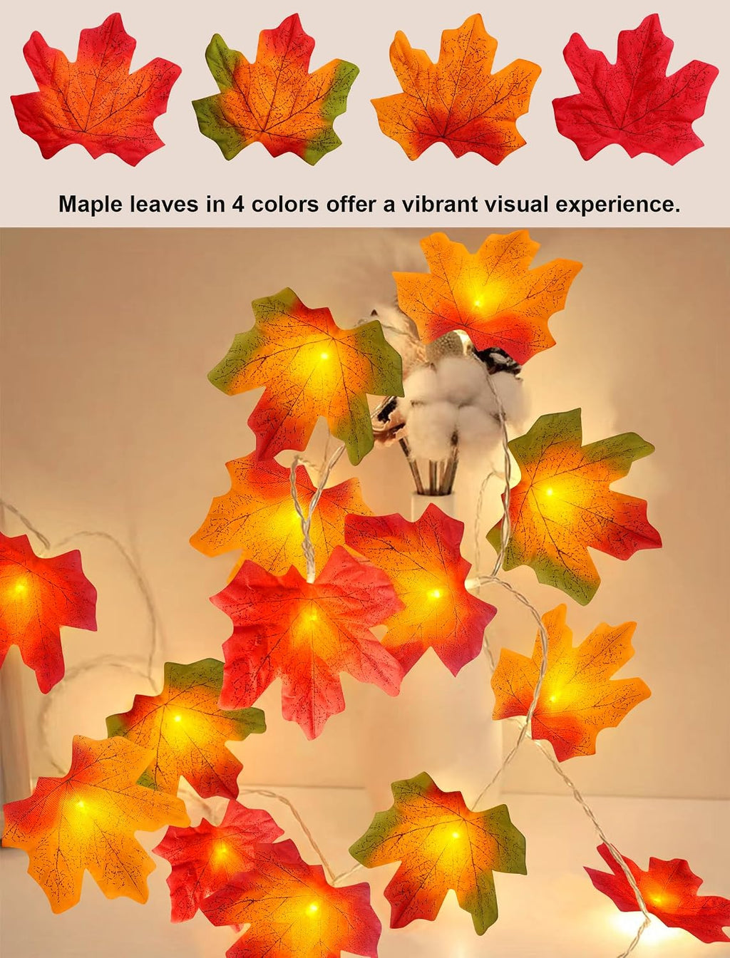 Fall Thanksgiving Decorations for Home 2Pack Total 20Ft 40LED Enlarged Maples Leaf String Lights Battery Operated Maple Leaves Garland with Lights for Indoor Outdoor Autumn Halloween Christmas Decor