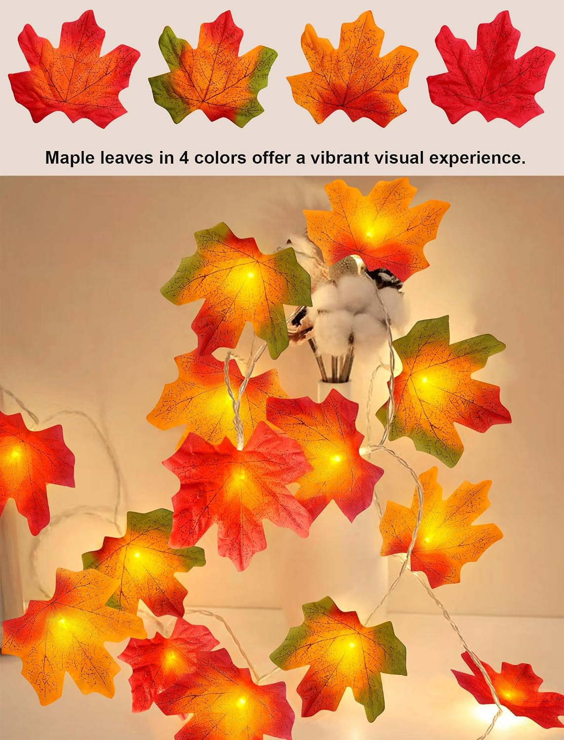 Fall Thanksgiving Decorations for Home 2Pack Total 20Ft 40LED Enlarged Maples Leaf String Lights Battery Operated Maple Leaves Garland with Lights for Indoor Outdoor Autumn Halloween Christmas Decor