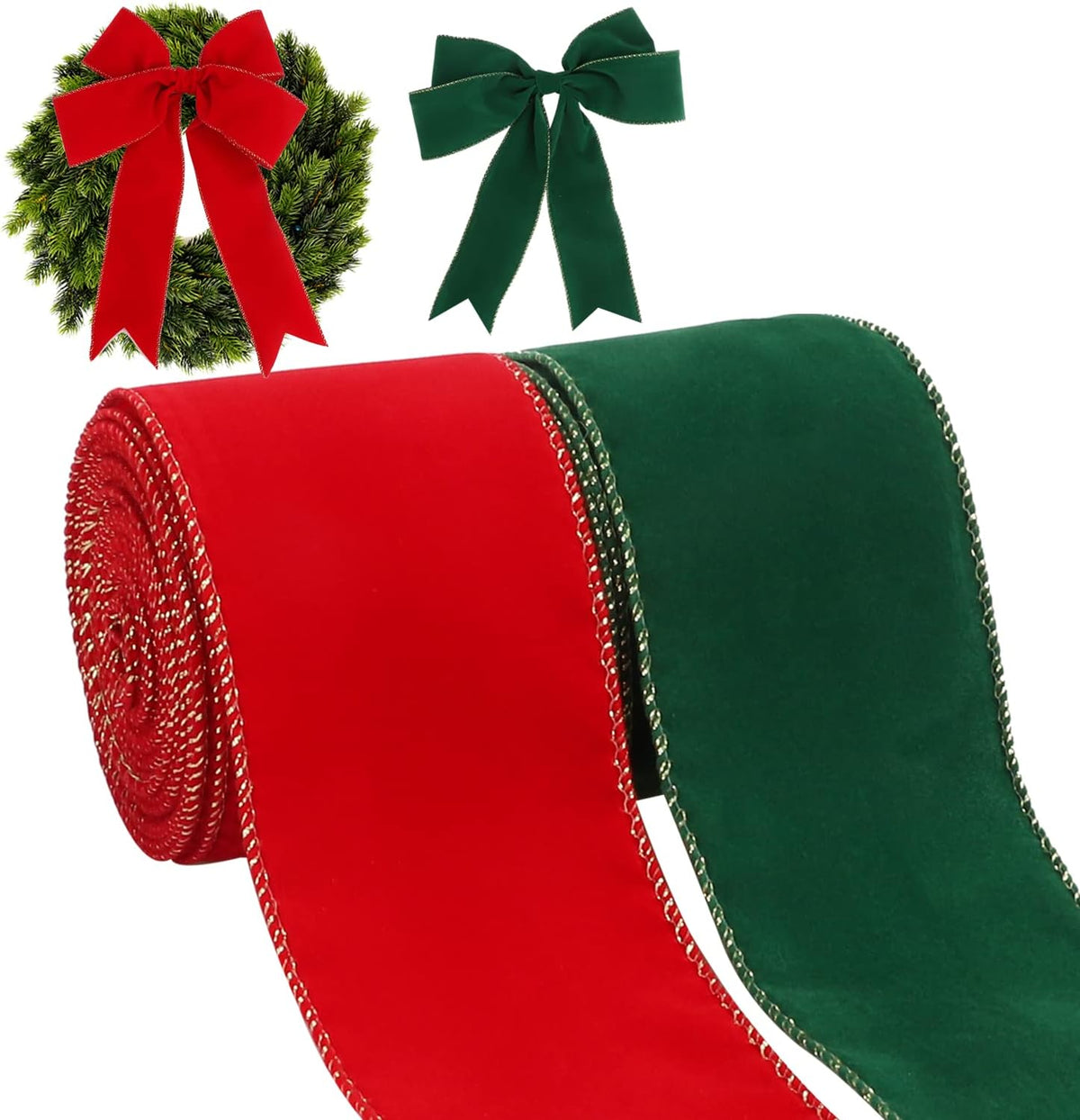 Red & Green Velvet Christmas Ribbon with Gold Edge, 2 Rolls