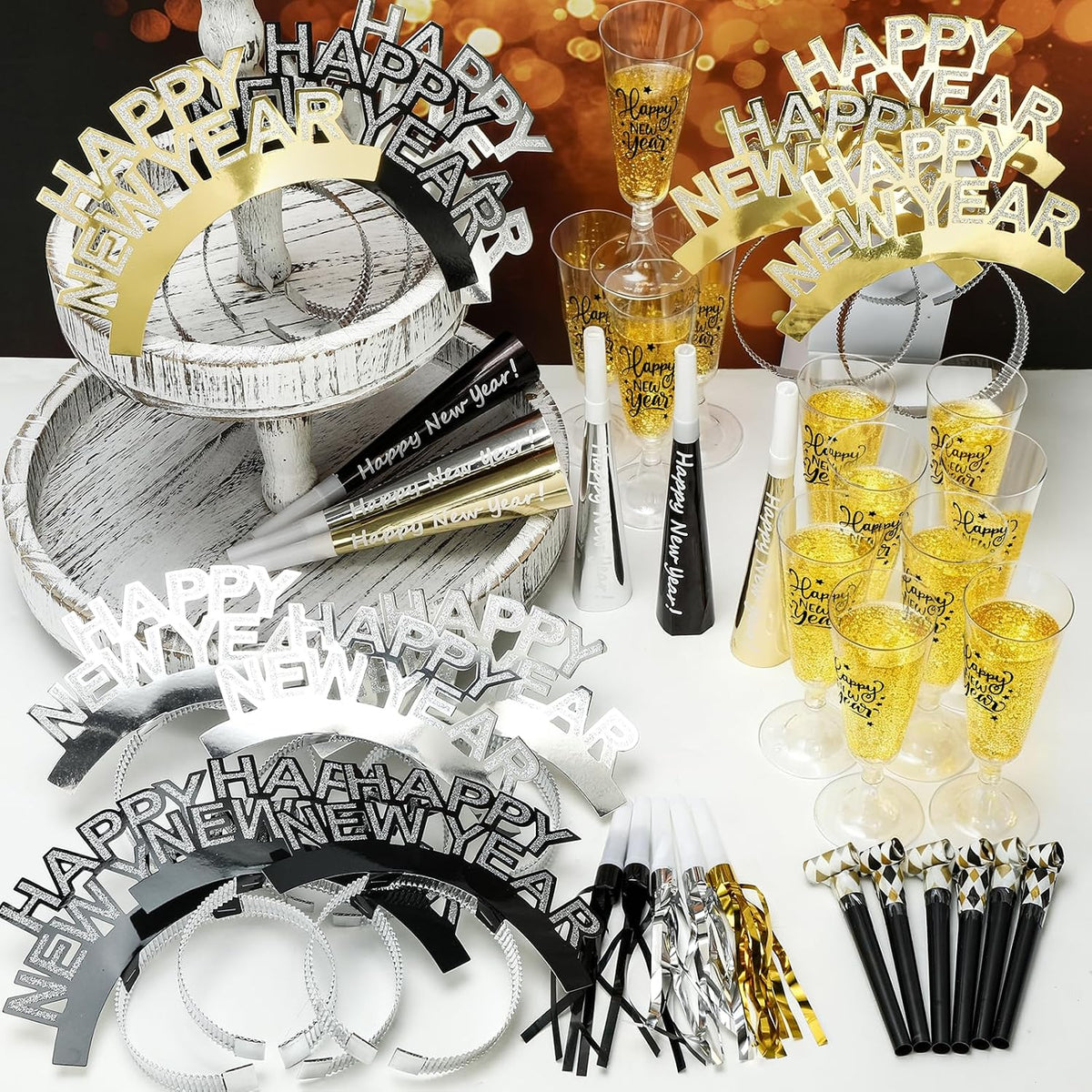 New Years Eve Party Supplies Decorations 2027, 5 Oz Disposable Champagne Flutes HAPPY NEW YEAR Headbands NYE Noise Makers, Plastic Champagne Glasses Clear Party Cups Horns New Years Eve Headband