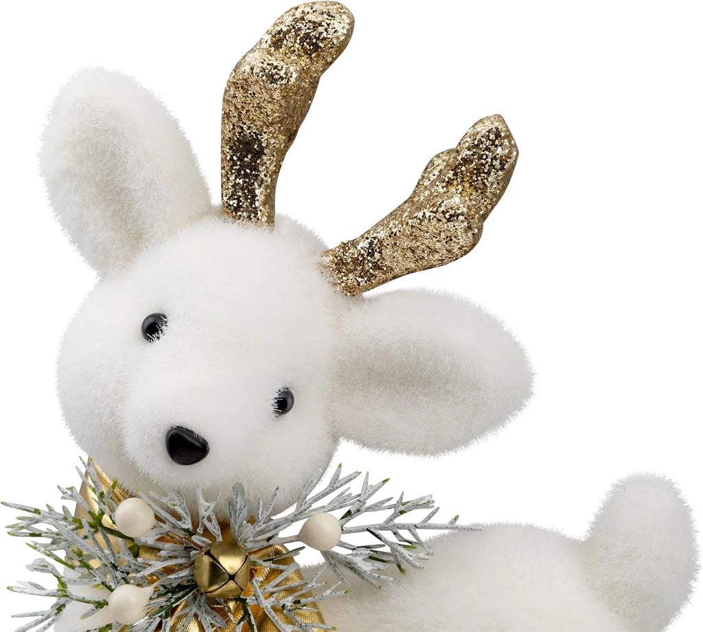 Glittered Standing Deer with Jingle Bell Christmas Figure - 12.25" - White and Gold