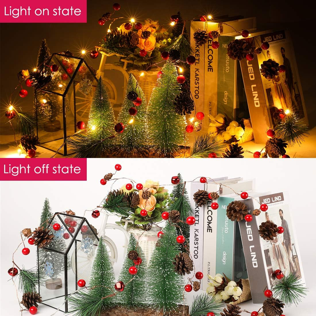 Christmas Garland with Lights, Red Berry Pine Cone 6.5FT 20 LED Garland Lights Battery Operated, Led Garland String Lights, Christmas Decorations Indoor for Home Fireplace Mantel Xmas Decor