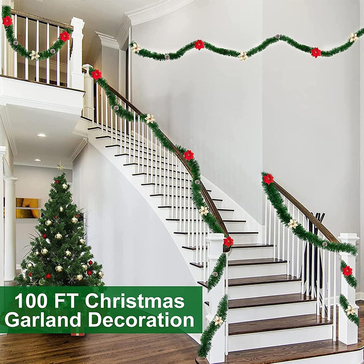 100FT Christmas Garland Decorations, 2 Pack Each 50FT Thick & Soft Artificial Green Garlands Pine Greenery Garland for Stairs Mantle Fireplace Christmas Decoration Outdoor Indoor Home Holiday