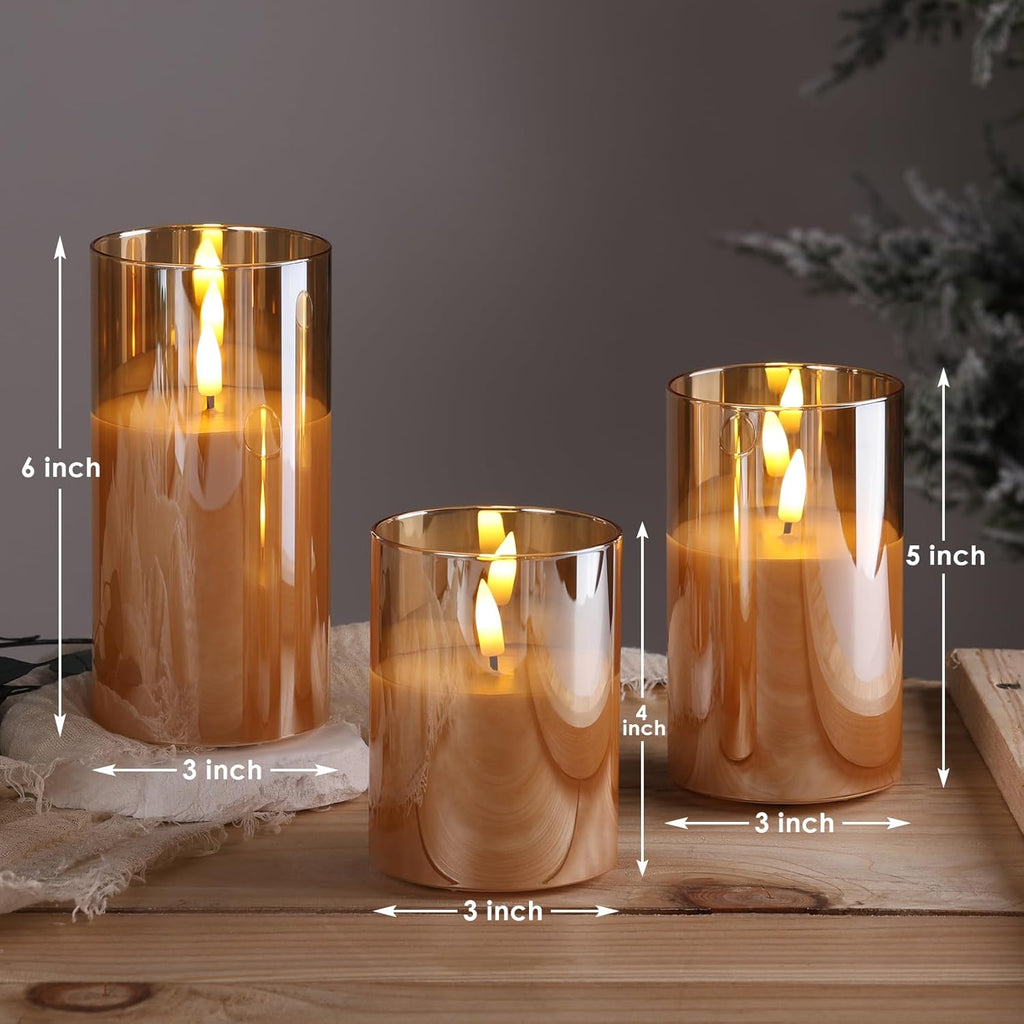 Gold Glass Flameless Pillar Candles with Remote, Flickering Fall LED Candles Battery Operated Set of 3