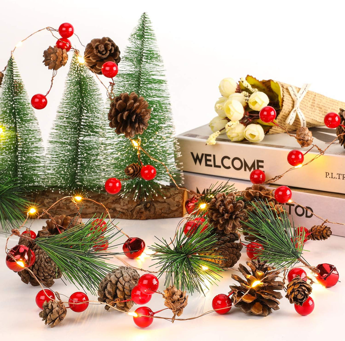 Christmas Garland with Lights, Red Berry Pine Cone 6.5FT 20 LED Garland Lights Battery Operated, Led Garland String Lights, Christmas Decorations Indoor for Home Fireplace Mantel Xmas Decor