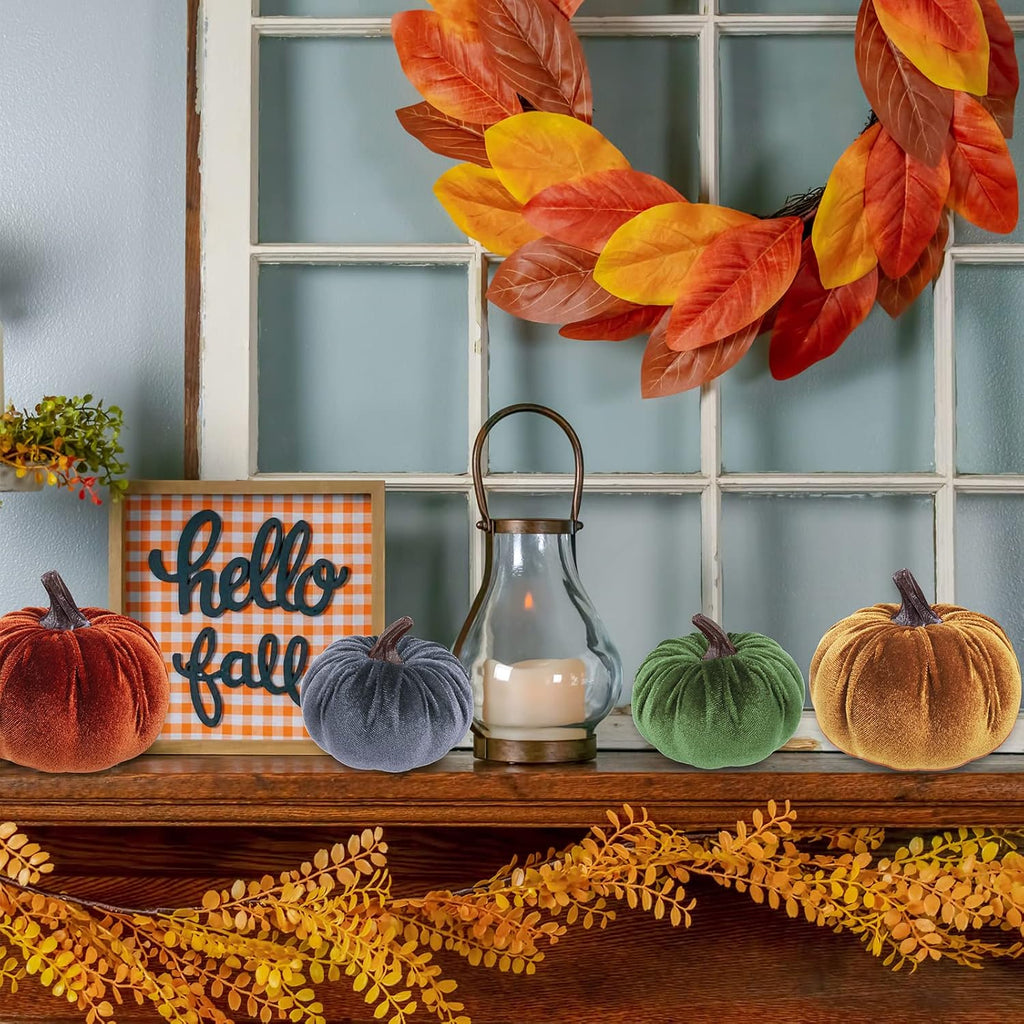 16 Pcs Assorted Small Faux Rustic Harvest Velvet Pumpkins Decorative Rust Orange Gold Olive Gray Fabric Pumpkins Foam Pumpkins Farmhouse Fall Thanksgiving Halloween Table Centerpiece Decor